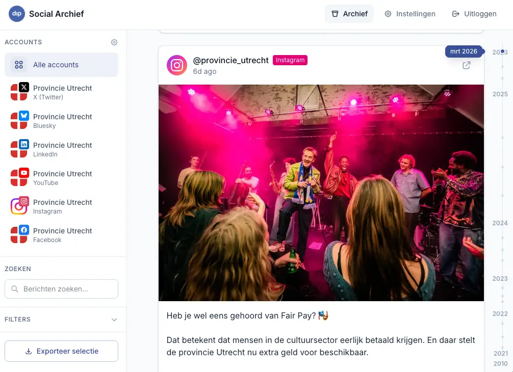 Screenshot van dip Social Archief