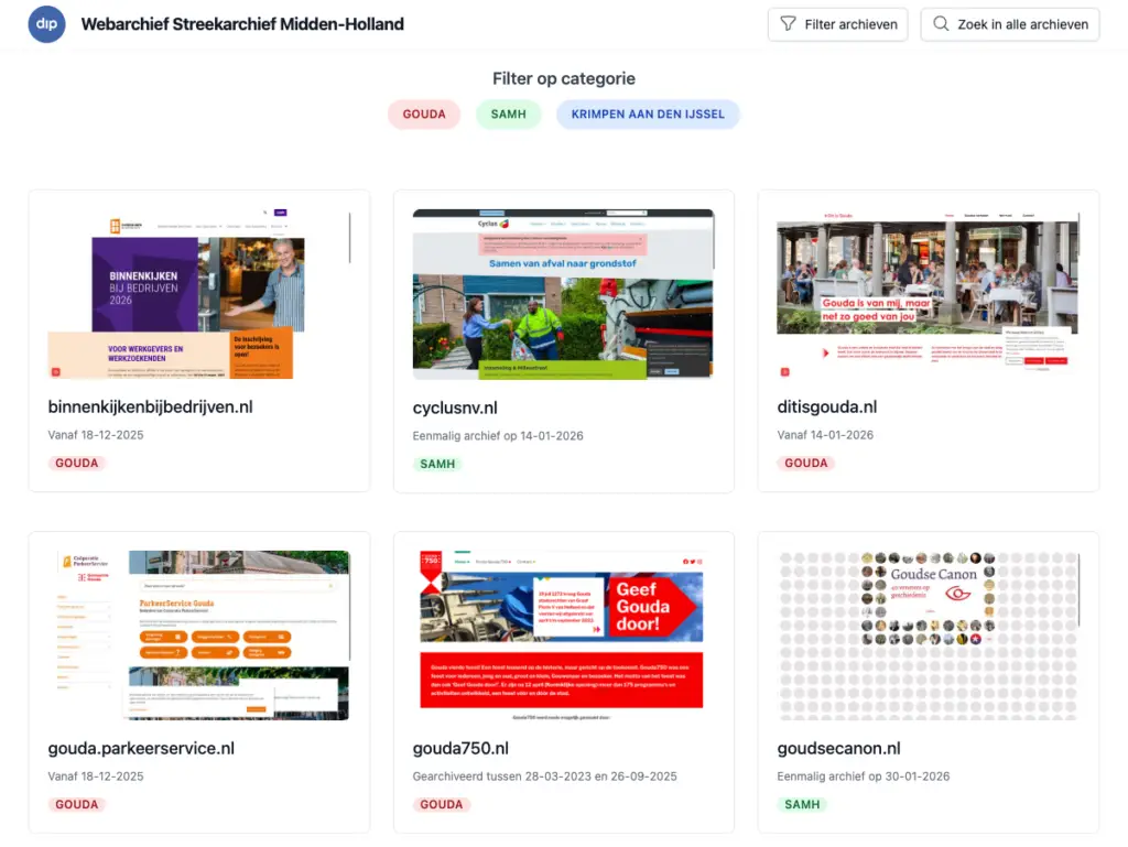 Screenshot van dip Webarchief Portal